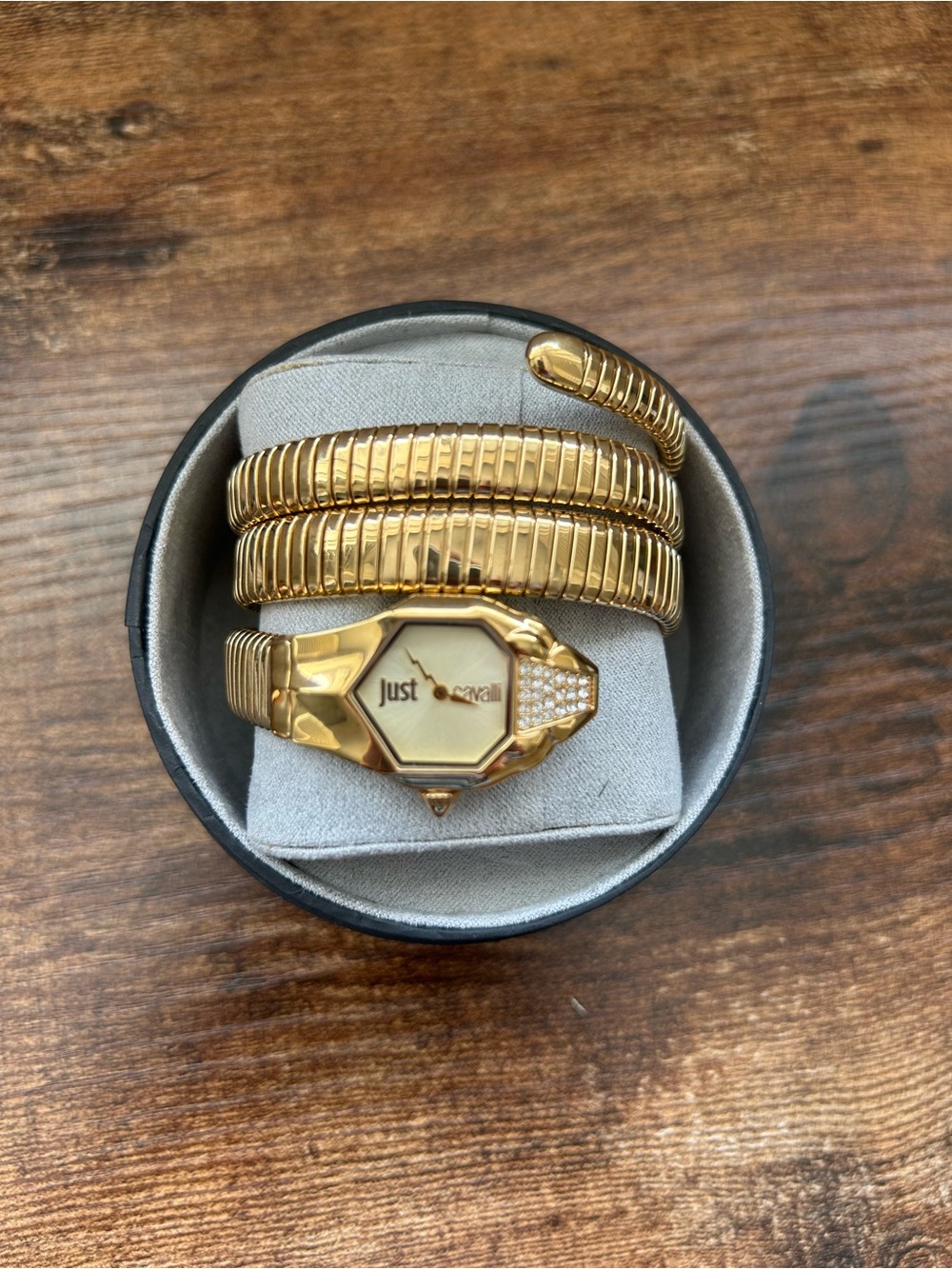 JUST CAVALLI Gold Snake Coil Bracelet Wrist Watch with Crystal Accent - Picture 2 of 5